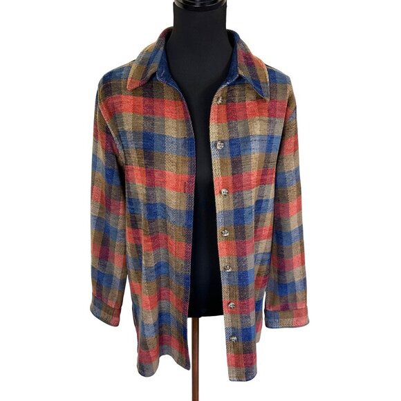 Vtg Plaid Button Up Shirt Jacket Womens Shacket Medium Koret Plaid Tan Cotton - Picture 1 of 7